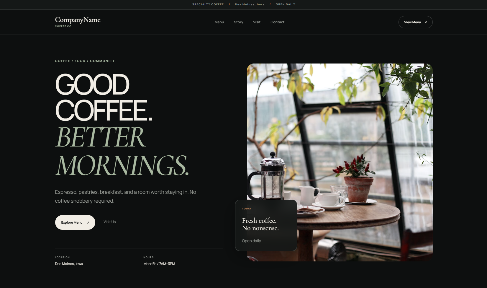 Modern cafe website concept designed and developed by PecksWebSolutions